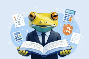 Illustration comptabilité petite entreprise Québec avec la mascotte Mes Livres Comptables et icônes TPS TVQ