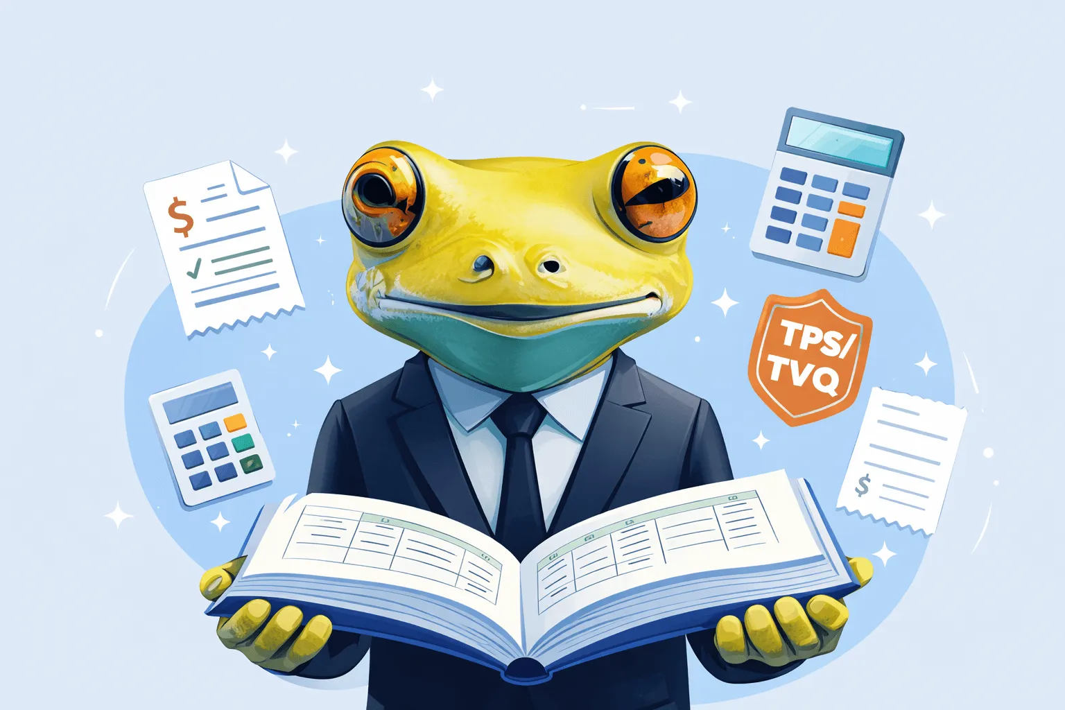 Illustration comptabilité petite entreprise Québec avec la mascotte Mes Livres Comptables et icônes TPS TVQ